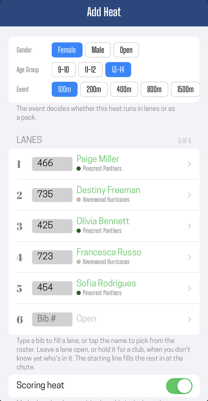 Lanes filled by bib, with lane 6 left open, and the Scoring heat toggle under them