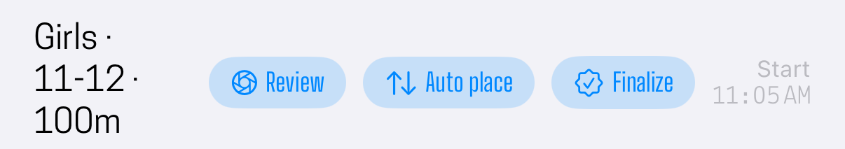 The record keeper's heat header, where Auto place re-ranks the heat and Finalize closes it
